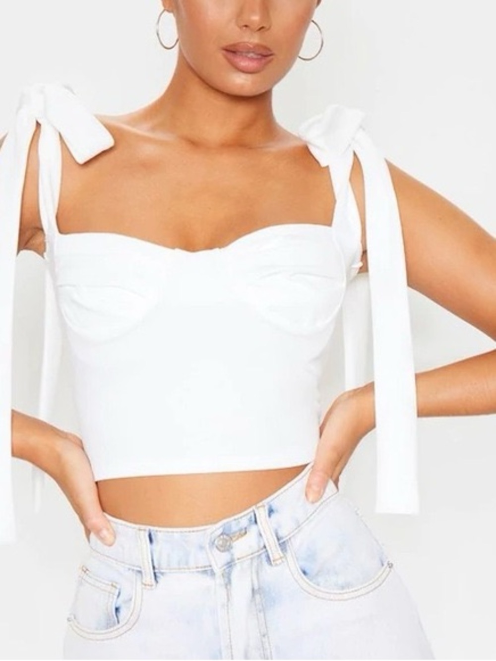 White Tie-Shoulder Bustier Crop Top